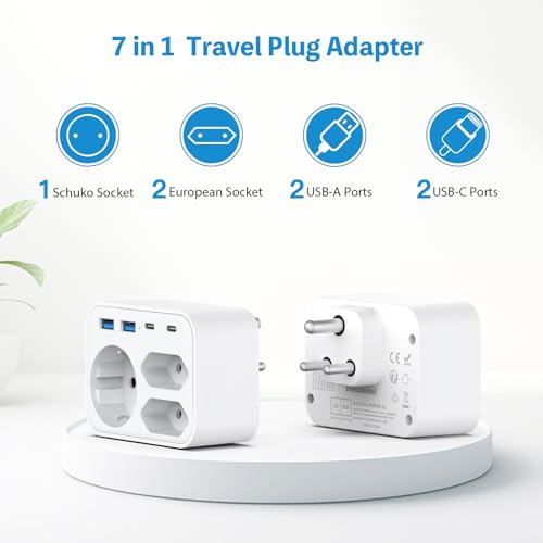 Reiseadapter für Indien, Steckeradapter Deutschland nach Indien mit 2 USB-C Anschlüssen und 2 USB A, Reisestecker Typ D für Indien, Kuwait, Namibia, Nepal, Pakistan, Katar, Sri Lanka, Jemen–Weiß