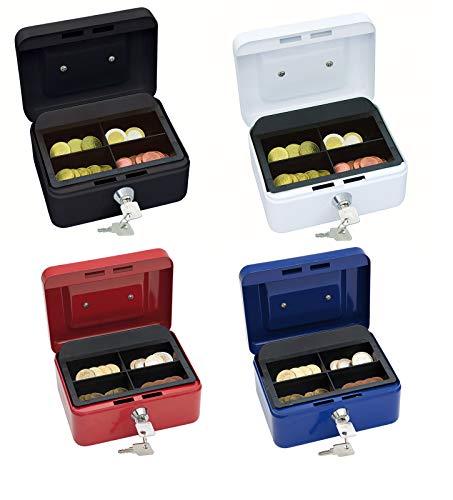 Wedo 145121X Geldkassette (aus pulverbeschichtetem Stahl, versenkbarer Griff, 4 -Fächer-Münzeinsatz, Sicherheits-Zylinderschloss, 15,2 x 11,5 x 8,0 cm) schwarz