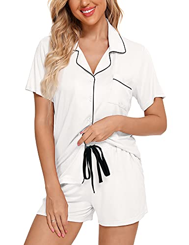 Senert Womens Pajama Sets Sleepwear Short Sleeve Classic Tops With Capri Pjs Set White,Large #TOP1