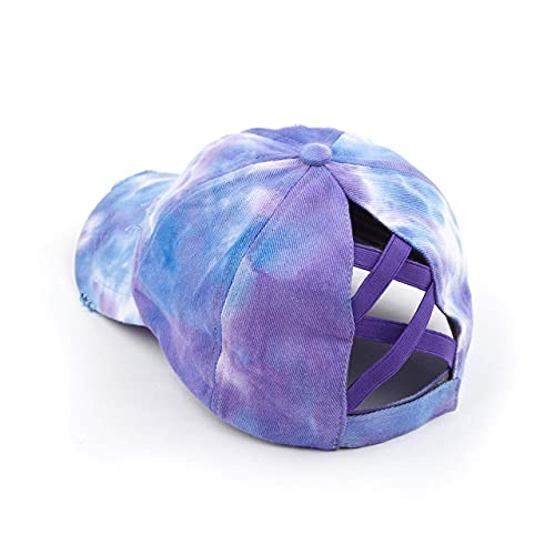 Funky Junque Criss Cross Hat Womens Baseball Cap Distressed Ponytail Messy Bun Trucker Ponycap (1 Tie Dye - Purple Mix) #TOP1