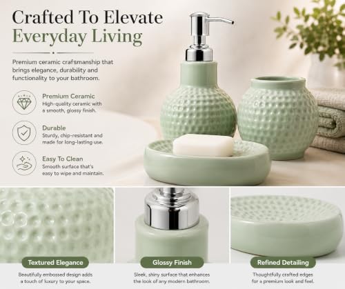Image of Quace Ceramic Bathroom Accessories Set of 3, Soap Dispenser, Toothbrush Holder & Soap Dish, Modern Bathroom Decor Set for Wash Basin, Vanity Counter & Home Bathroom (Sage Green)