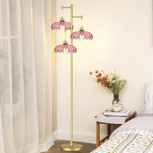Image of QIYIZM Pink Floor Lamp for Living Room,Bedroom,Gold Mid Century Modern Standing Lamp Brass Tree 3 Light Tall Floor Lamps Vintage Retro Floor Lights Glass Flower Lamp Shade Farmhouse Boho Bohemian