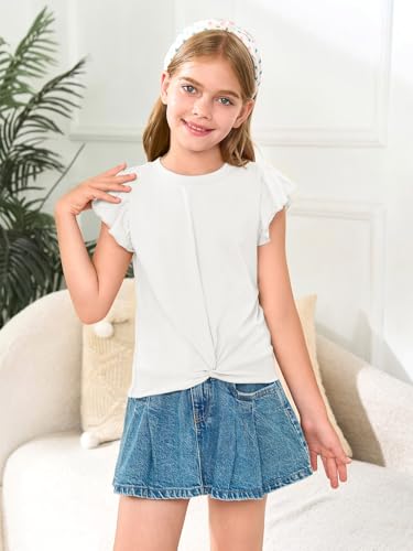 Image of Haloumoning Girls Ruffle Sleeve T Shirts Summer Crewneck Shirt 5-14 Years | Flutter Ruffle Short Sleeve, Twist Front, Casual, Solid, Loose Fit, Tees Tops