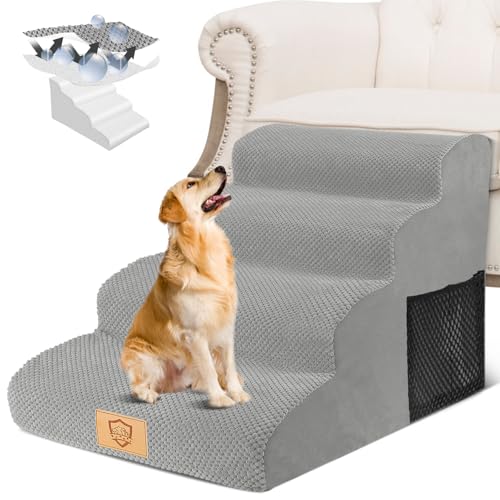HEVOL Escalones para Perros, Rampa de Espuma Alta Densidad de 4 Peldaños, Escalera para Perros con Cubierta Impermeable y Antideslizante, Escalera Mascotas para Cama&Sofá, 73 x 40 x 51cm, Gris