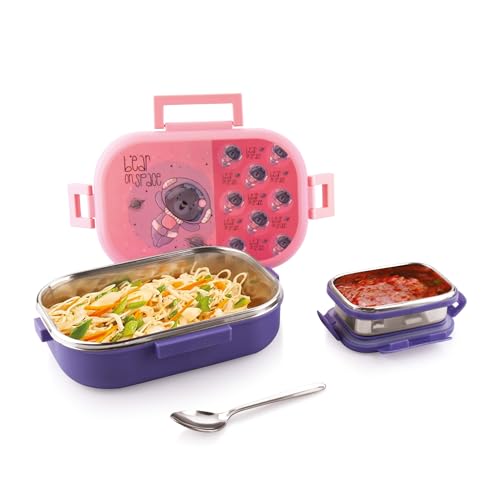 Image of Attro Food Time Deluxe Stainless Steel Lunch Box with 1 Small Container & Eyecatchy Prints Airtight & Spillproof - 750ml+250ml Bear Purple Pink