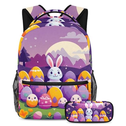 Sac à dos école œuf de lapin de Pâques violet, le cadeau utile avec trousse pour adolescents
