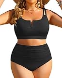 Women Plus Size High Waisted Bikini - Ribbed Two Piece Swimsuit Tummy Control Bathing Suit V-Wired 2025 Swimwear Black 16W