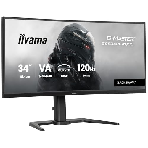 iiyama G-Master Black Hawk, VA courbé 1500R, 3440x1440@120Hz, 0.6ms, FreeSync Premium, 500cd, Haut-parleurs, DP, HDMI, USB HUB (2x3.2, 2xType C), 15cm Pied en réglable en Hauteur, ecran pc Gamer