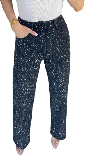 XUANXUANQZ Jeans Mit Strass-Details Damen-Hoch Taillierte Dehnbare Strass-Verzierte Jeans (Schwarz M)