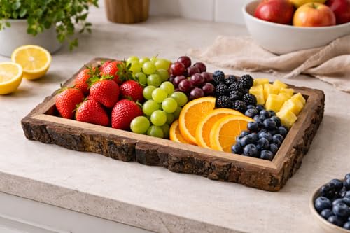 Image of Rustic Wooden Serving Tray with Natural Bark Edges | Handmade Solid Wood Tray | Multipurpose Snack, Tea & Decor Tray | Natural Brown Finish