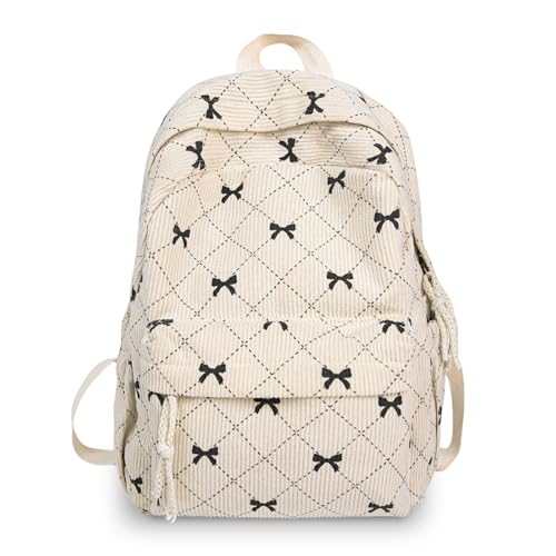 Image of Aurelx White Bow Backpack, Cute Corduroy Backpack, Small Girls School Bag for School Travel Daily Use, Funny Bow Gifts for Women Girls Lower Grade Students and Children