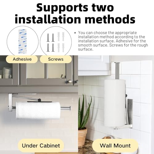 Image of Upgraded Kitchen Paper Towel Holder - One-Hand Tear Under Cabinet Stick-on Towel Rack for Hanging Paper - First Apartment Essentials Wall Mount Self Adhesive Stainless Steel Rack Fits