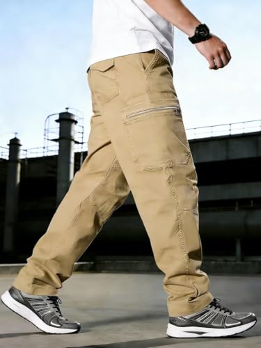 Image of Men's Pure Cotton Cargo Pants | Regular Fit Multi-Pocket Utility Trousers for Men | Solid Cargo Bottom Wear with Zip Pockets | Comfortable Casual Outdoor Wear