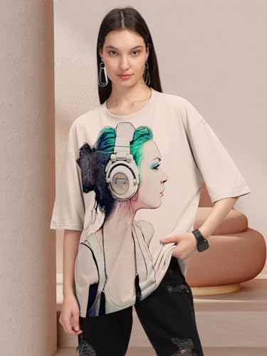 Image of HELLCAT Beige Trendy Printed Oversized T-Shirt for Women