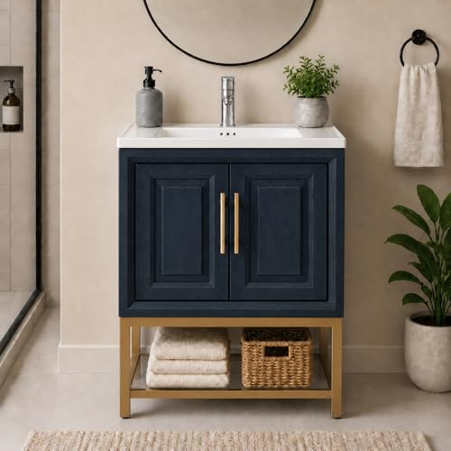 FESTIVITY 24 Inch MGO Single Sink Freestanding Bathroom Vanity with Basin Marble Pattern Top & 2 Front Doors (Navy)