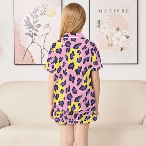 ALAZA Yellow Leopard Print Pajamas Satin Pajama Set Short Sleeve Button Down Sleepwear4