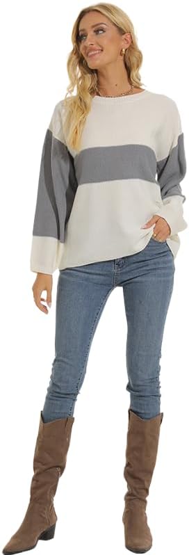 Fall Sweater for Women Casual Long Sleeve Crew Neck Splicing Knit Winter Pullover Sweater Tops - Image 6