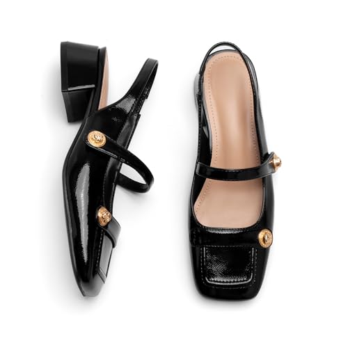 Image of Slingback Mary Jane Heels for Women Low Block Heel Closed Square Toe Pump Shoes Heels Classic Daily Office Dressy Shoes