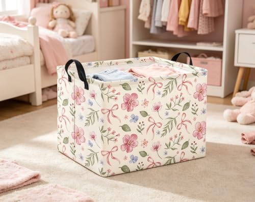 Image of Rectangular Baby Kids Storage Basket for Home Kitchen Girls Cute Toy Storage Bin Organizer Shelf Book Room Decor(Bowknot Flower)