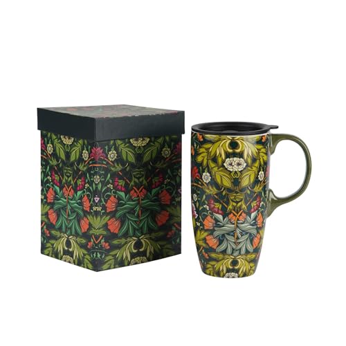 DUSVALLY Coffee Mug with Handle and Lid, Ceramic Cups Suitable for Car Cup Holders,Coffee Mug Porcelain Latte Teacup Milk Mug in Color Box 17 Oz, Green Flower