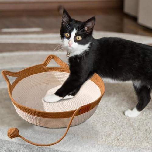 Hand-Woven Cotton Rope Cat Bed, Cozy Pet Basket with Toy Tail, Soft Woven Kitten for Indoor Cats' Comfort – Bild 5