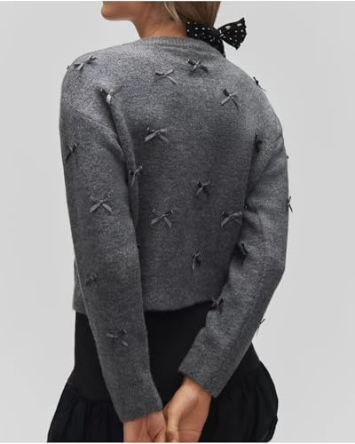 Image of Women's Mini Bow Cardigan Long Sleeve Crewneck Button Down Cropped Knit Sweaters Grey