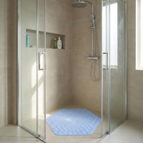 Image of RichAxis Hexagonal Shower Bath mat for Bathroom Silicone Anti Slip Bathroom Floor mat with Suction Cups & Drain Holes (56x63 cm, Hexa-Blue)