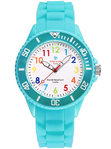 Alienwork Kids Montre Pédagogique Apprendre l'Heure Enfants Fille Turquoise Bracelet en Silicone Multicolore Enfants Résistant à l'eau 5 ATM Temps...
