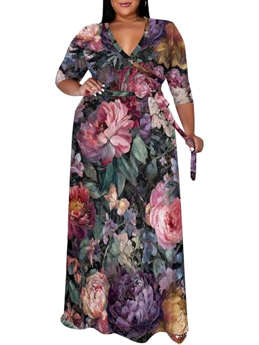 Image of SUZONANA Plus Size Maxi Dresses for Curcy Women Casual Loose 3 /4 Sleeve Long Dress with Belt