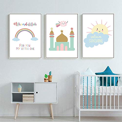 MYSY Vivero musulmán Arte de la Pared Pintura Cartel e Impresiones islámicos Dormitorio de los niños Imagen de Dibujos Animados Arte Habitación para niños Decoración-30x40cmx3 Piezas sin Marco Cover