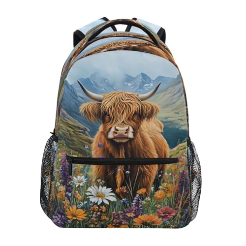 Oil Painting Highland Cow Flower Mountain Backpack for School Boys Girls Adults Kids Bookbag Laptop Bag 18L