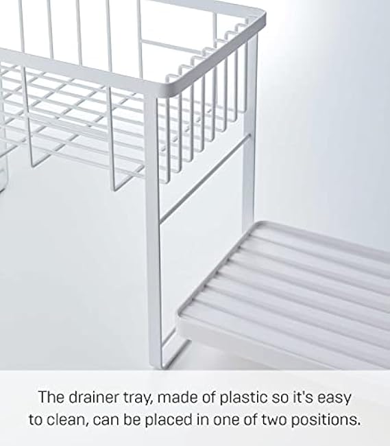 Yamazaki Home Two-Tier Adjustable Dish Drainer Rack, Compact Drying Rack with Hooks, Utensils Holder, Steel, Draining Spout, Water Resistant, No Assembly Req., White