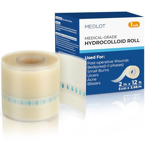 MEDLOT Hydrocolloid Roll for Wound Care, 2in x 12ft, Medical Grade Hydrocolloid Bandages, Pimple Patch Roll, Colloidal Dressing Tape for Acne, Blister, Burn, Scrapes, Cut to Size, Waterproof, Large