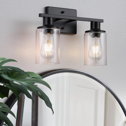 Litaddscen 2-Light Matte Black Bathroom Vanity Light,Bathroom Light Fixtures Over Mirror with Clear Glass Shade,Modern Farmhouse Wall Sconces Lighting for Kitchen Living Room Cabinet
