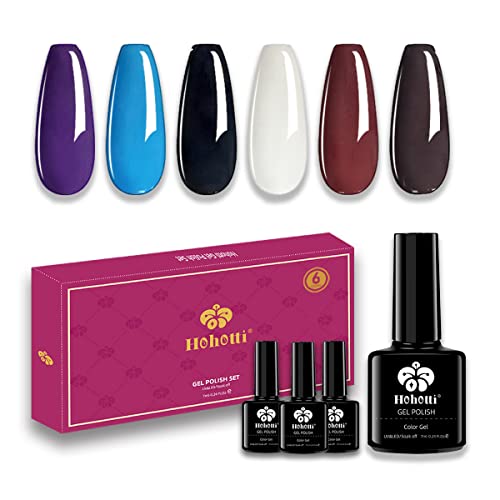 Hohotti Black Gel Nail Polish 6 Colors Blue White Brown Purple Tan Nail Art Set Soak Off UV/LED Gel Nail Kit Fall Winter Manicure DIY Home Gifts for Women