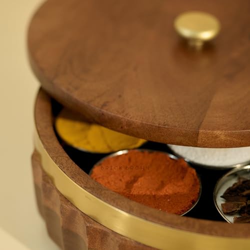 Image of Brick Brown Zari Wooden Masala Box with Lid & Gold Band | 7 Steel Containers & Wooden Spoon | Spice Box Organizer /Masala Dani | Solid Wood Round Spice Storage Case for Kitchen 8.7x8.7 x3.5 Inch