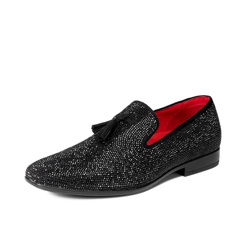 Bruno Marc Men's Rhinestone Prom Tuxedo Shoes Tassel Dress Loafers Slip on Formal Shoes for Wedding, Party, Graduation,Size 12,Black,SBLS26001M