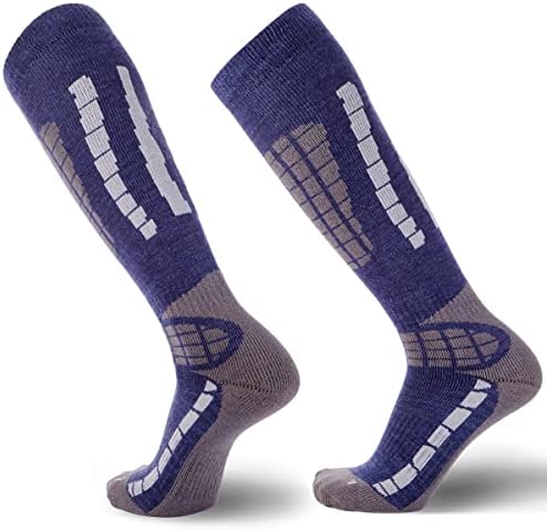 Pure Athlete Ski Socks Warm Merino Wool - Best Lightweight Thin Ski Snowboard Sock Women Men (1 Pair - Blue/Silver, Large-X-Large)