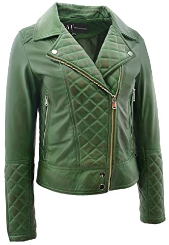 Veste matelassée en cuir véritable pour femme taille ajustée vert