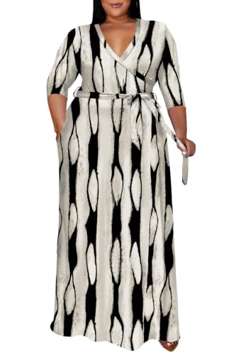 Image of Runwind Plus Size Dress for Women - 3 /4 Sleeve V Neck Maxi Dresses for Women (XL-6XL)