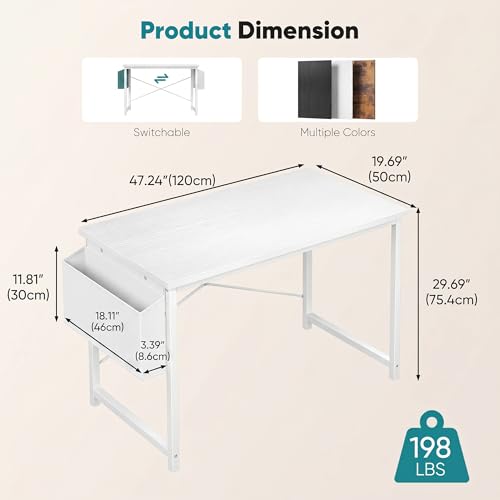 Image of OLIXIS Computer Desk, 47 Inch Gaming Desks for Home Office Small Spaces | Writing Study Craft Work Table, Computer Workstation for Bedroom with Storage Bag, All White