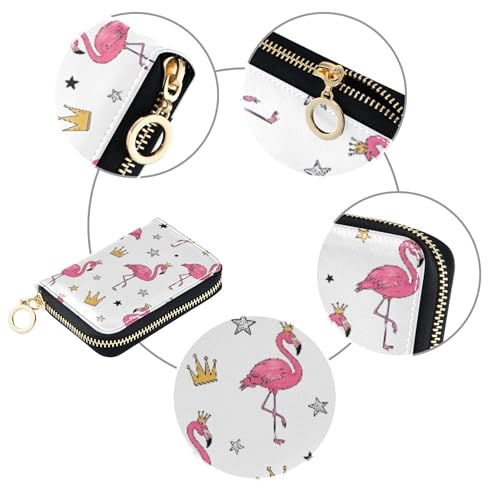 Leather Wallet Women RFID Blocking Credit Card Holders Small Zipper Card and Cash Holder Watercolor Pink Flamingos White4