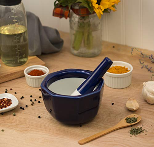 HIC Octagonal Mortar and Pestle Spice Herb Grinder Pill Crusher, Fine-Quality Porcelain, Cobalt