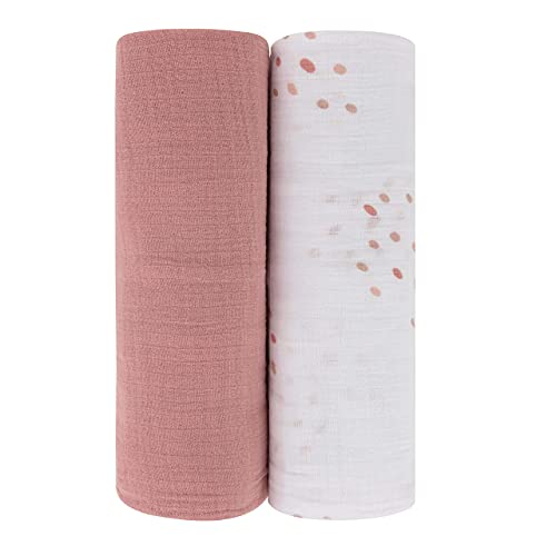 Image of Ely's & Co. Cotton Muslin Swaddle Blanket 2-Pack for Baby Boy or Girl — 100% Cotton Muslin Extra-Large Swaddle Blankets (47” x 47”) Solid Dusty Rose │ Dusty Rose Raindrops