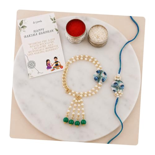Image of I Jewels Pearl Bhaiya Bhabhi Lumba Rakhi Bracelet Combo Set With Roli Chawal & Rakshabandhan Greeting Card