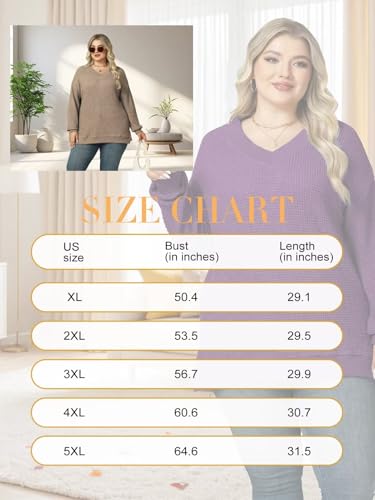 Image of DOLNINE Plus-Size-Tops for Women Casual V Neck Pullover Cute Waffle Knit Lantern Sleeve Sweaters Fashion Side Split Tunics