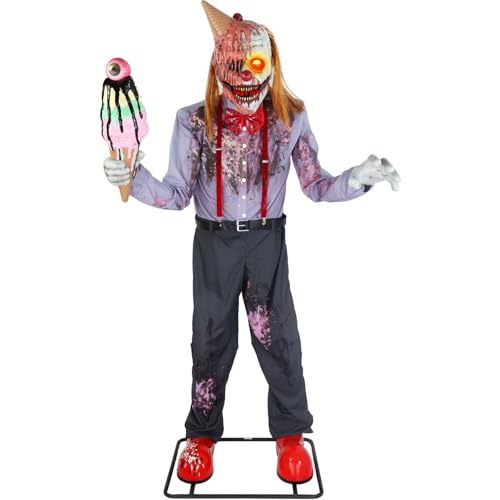 Haunted Hill Farm 6.5-Ft Animatronic I Scream Clown by Tekky, Halloween Animatronic, Creepy Party Decor, Indoor & Covered Outdoor Spooky Party Decoration Motion-Activated Lights & Sound, LifeSize