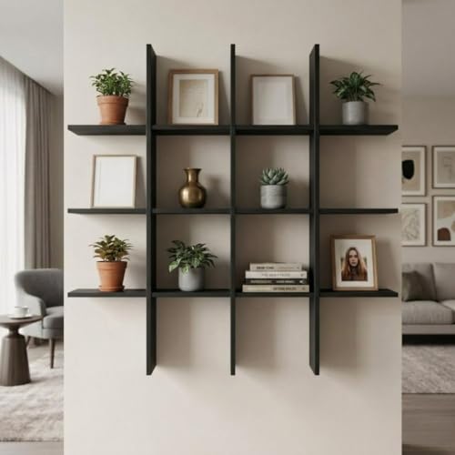 Image of Modern Wooden Wall Shelf for Living Room & Bedroom - Decorative Wall Mounted for Books, Showpieces & Home Decor - Multi-Compartment Floating Wall Organizer Full Black