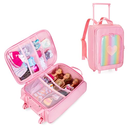 GRAOSO Travel Rolling Suitcase Compatible with Barbie Dolls 12-Inch Pink
