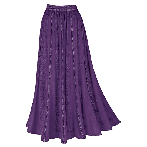 Women's Floral Embroidered Maxi Skirt - Over-Dyed Long Peasant Skirt, Ankle Length - Eggplant - 3X #TOP1